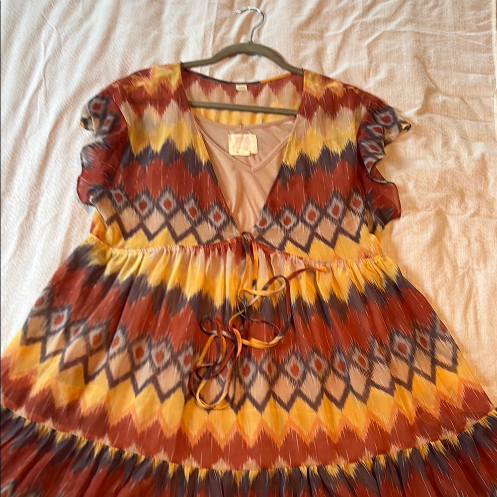 Quiksilver Red and Gold Tiered Sundress with Plunge Neckline